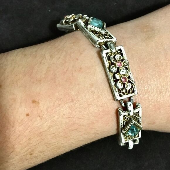 Vintage Bracelet, Raised Flowers, White Wash Distressed Style with Rhinestones - Picture 1 of 9